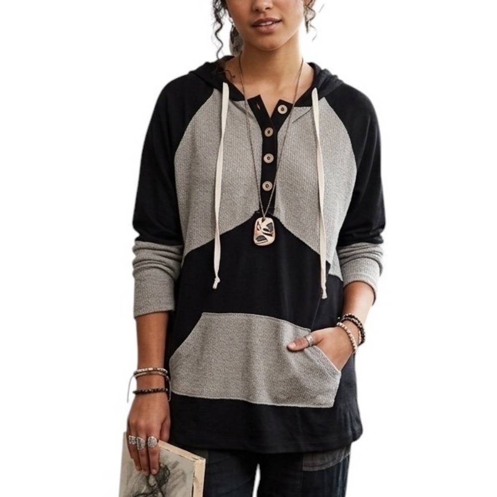 The ZigZag Stripe Womens Black Grey Colorblock Henley Hoodie Comfy Artsy Large
